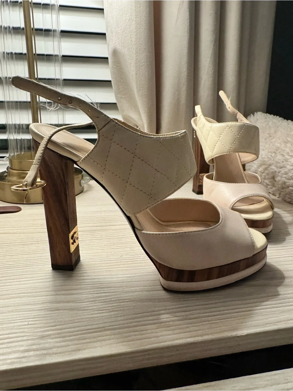CHANEL Cream Platform Wood Block Slingback Heels CC LOGO